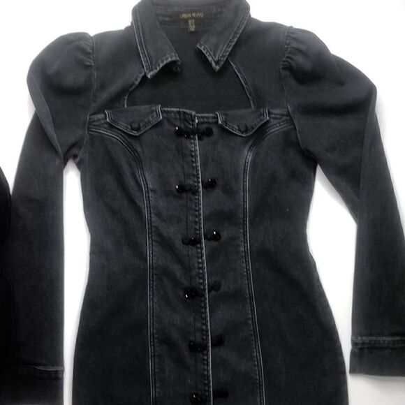 Urban Revivo Black Denim Long Jacket Button Front Corset Style Size M (US 8) - Picture 7 of 15